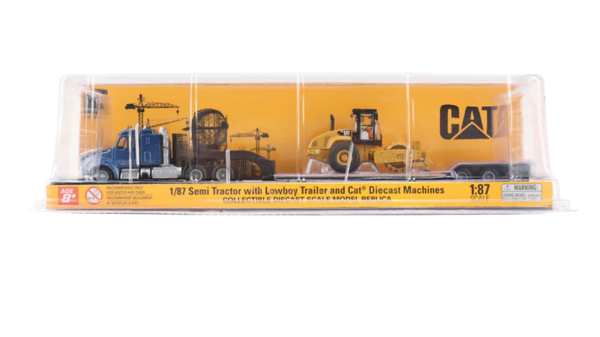Diecast Masters 84424 Caterpillar Padfoot Roller Blue Kenworth T880 Tractor with Lowboy Trailer