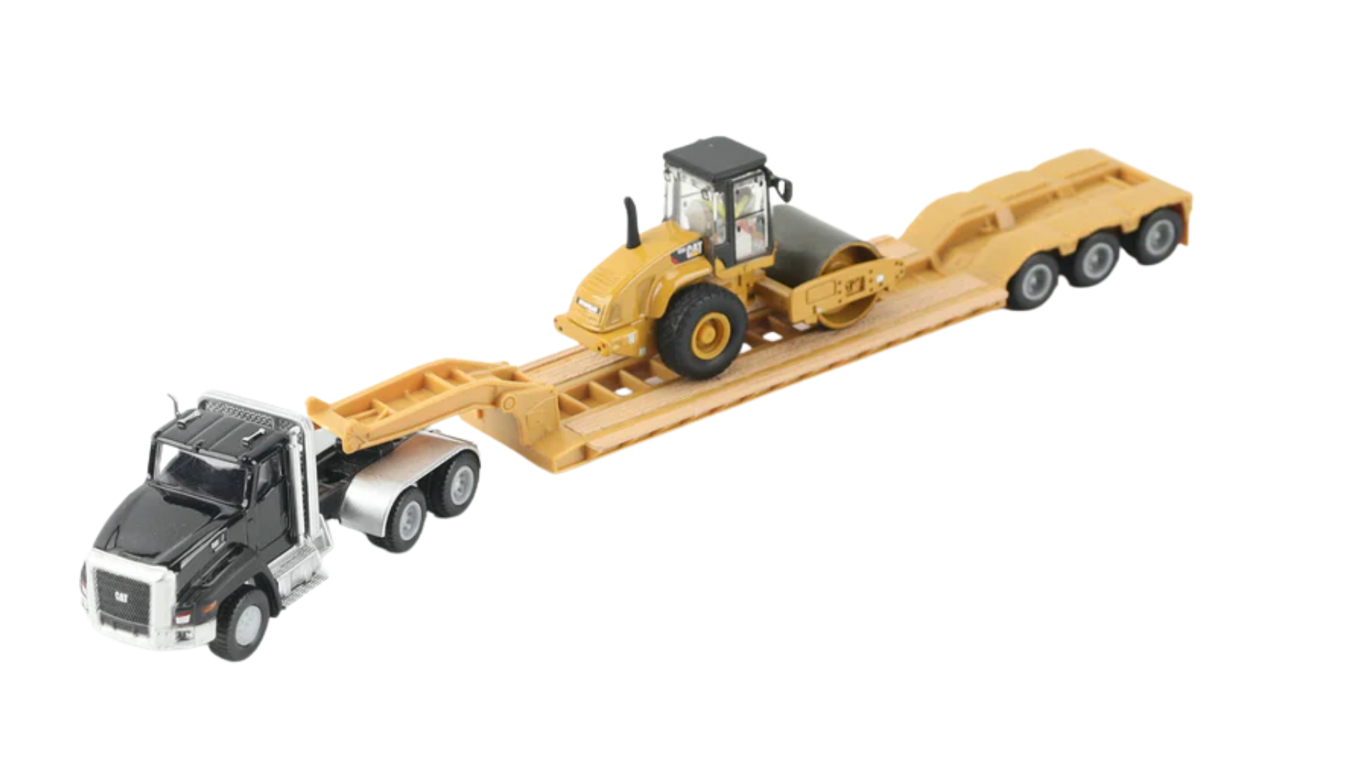 Diecast Masters 84425 Caterpillar Roller Blue Kenworth T880 Tractor with Lowboy Trailer