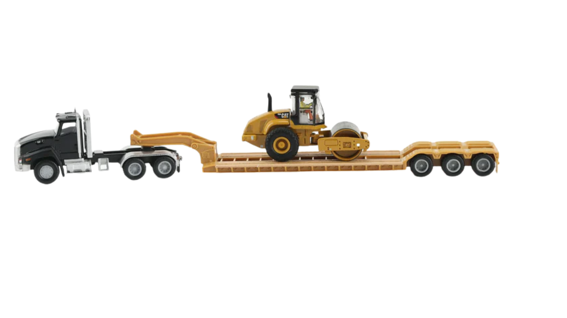 Diecast Masters 84425 Caterpillar Roller Blue Kenworth T880 Tractor with Lowboy Trailer