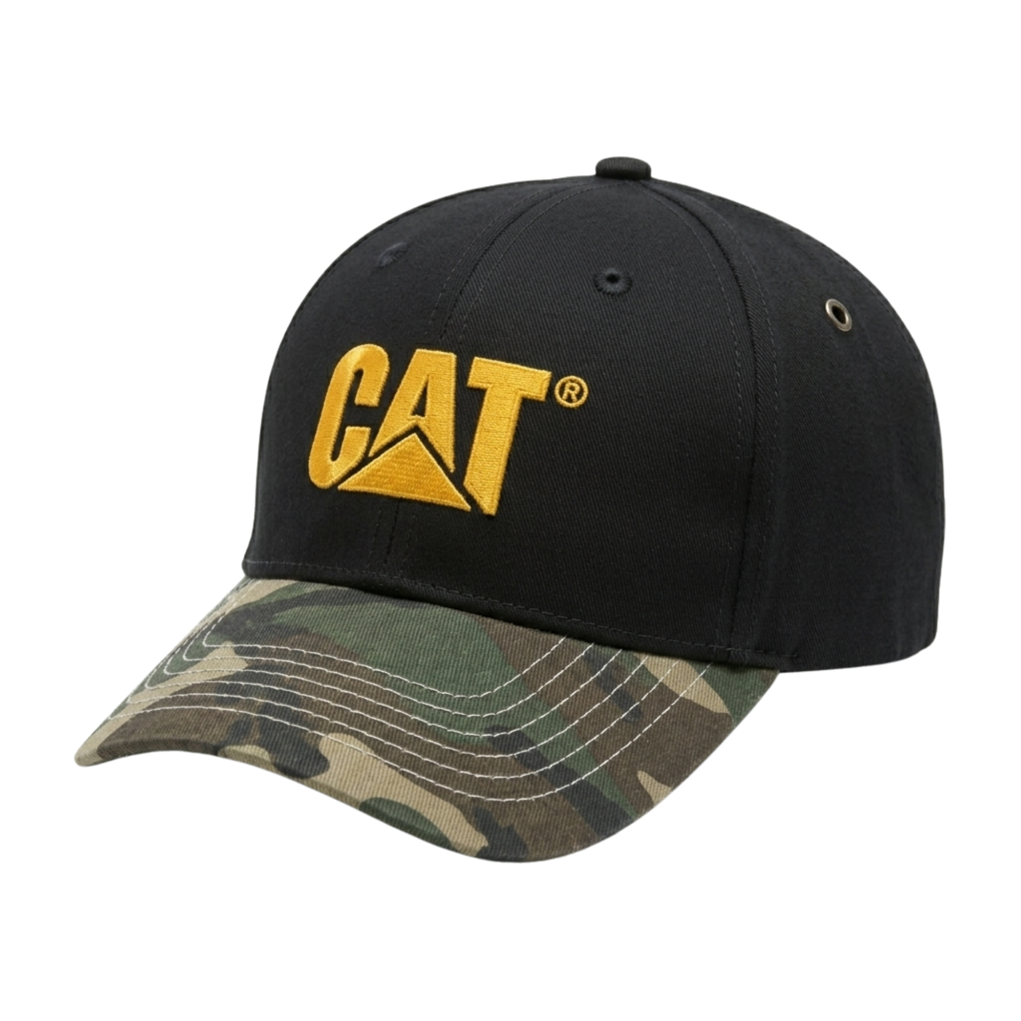 Gorra CAT Negra con Visera Camuflaje y Logo Bordado