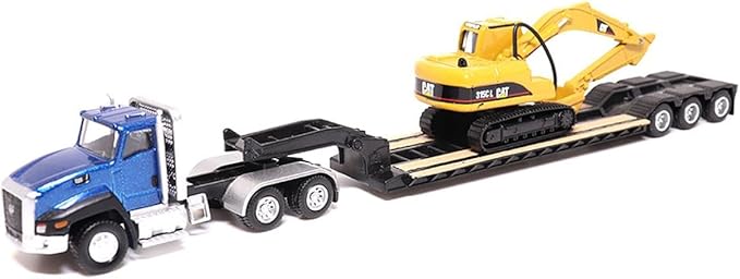 Diecast Masters 1:87 , Tractor de Cabina con Remolque Lowboy y Excavadora hidráulica Cat 315C L