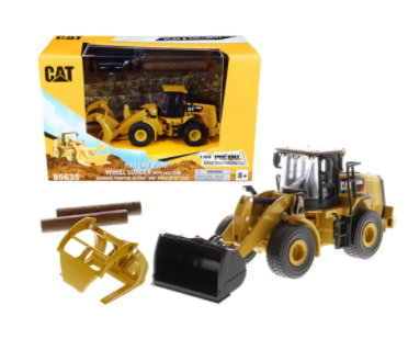 Cargador de ruedas Cat 950M con horquilla para troncos (con cucharón, más 2 postes redondos)