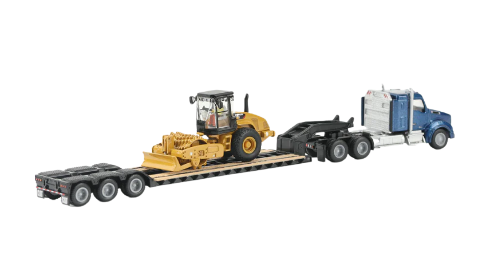 Diecast Masters 84424 Caterpillar Padfoot Roller  Blue Kenworth T880 Tractor with Lowboy Trailer