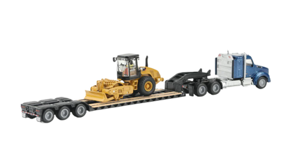 Diecast Masters 84424 Caterpillar Padfoot Roller  Blue Kenworth T880 Tractor with Lowboy Trailer