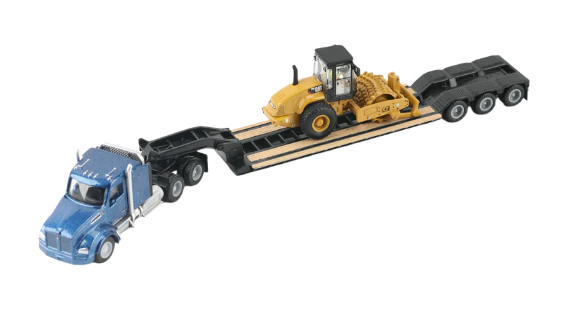 Diecast Masters 84424 Caterpillar Padfoot Roller  Blue Kenworth T880 Tractor with Lowboy Trailer