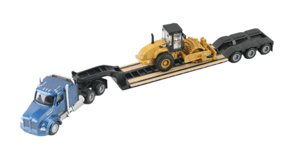 Diecast Masters 84424 Caterpillar Padfoot Roller  Blue Kenworth T880 Tractor with Lowboy Trailer