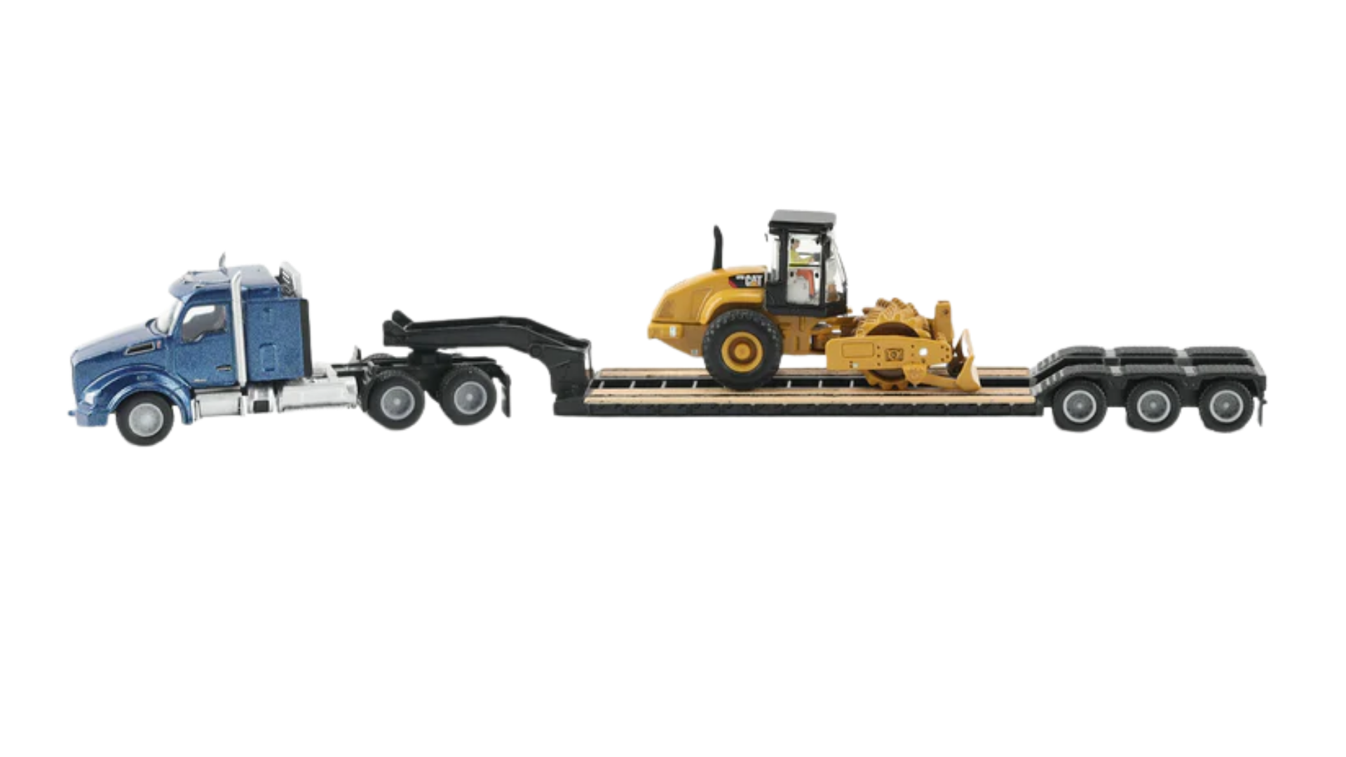 Diecast Masters 84424 Caterpillar Padfoot Roller  Blue Kenworth T880 Tractor with Lowboy Trailer