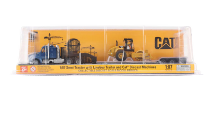 Diecast Masters 84424 Caterpillar Padfoot Roller  Blue Kenworth T880 Tractor with Lowboy Trailer