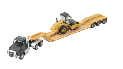Diecast Masters 84425 Caterpillar Roller  Blue Kenworth T880 Tractor with Lowboy Trailer