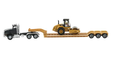 Diecast Masters 84425 Caterpillar Roller  Blue Kenworth T880 Tractor with Lowboy Trailer