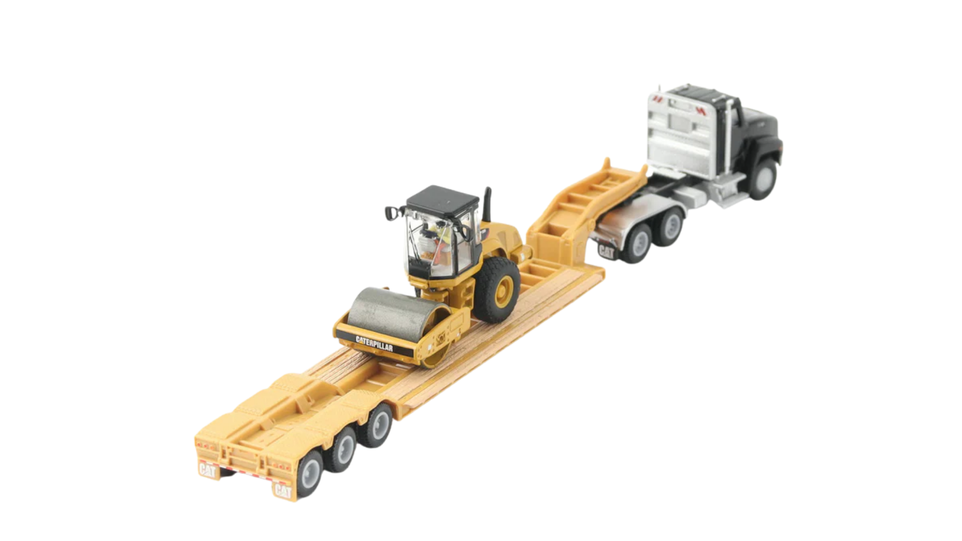 Diecast Masters 84425 Caterpillar Roller  Blue Kenworth T880 Tractor with Lowboy Trailer