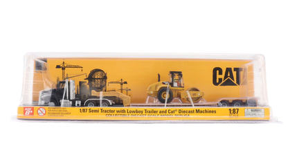 Diecast Masters 84425 Caterpillar Roller  Blue Kenworth T880 Tractor with Lowboy Trailer