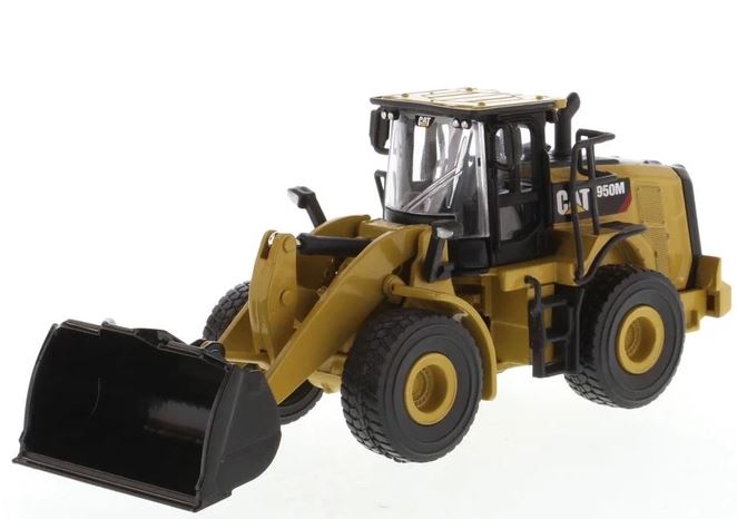 Cargador de ruedas Cat 950M con horquilla para troncos (con cucharón, más 2 postes redondos)